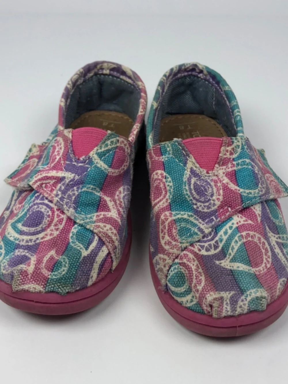 TOMS Paisley Canvas Hook & Loop Shoes T8 Girls Pink Purple Teal